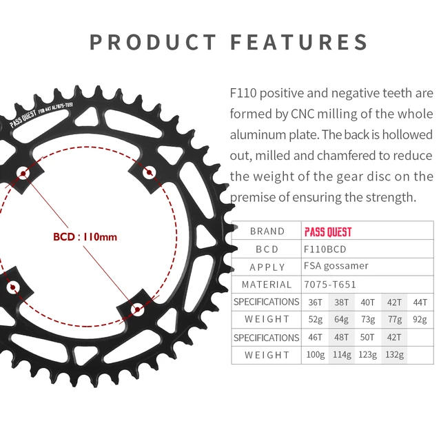 Bcd Fsa gosamer用チェーンリング,110mm,クランク,36t,38t,40t,42t,44t ...