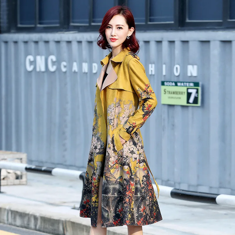 2019 Autumn Women's Casual Trench Coat Suede Oversize Print Vintage Windbreaker Female With Belt Slim Outwear Yellow Top M421