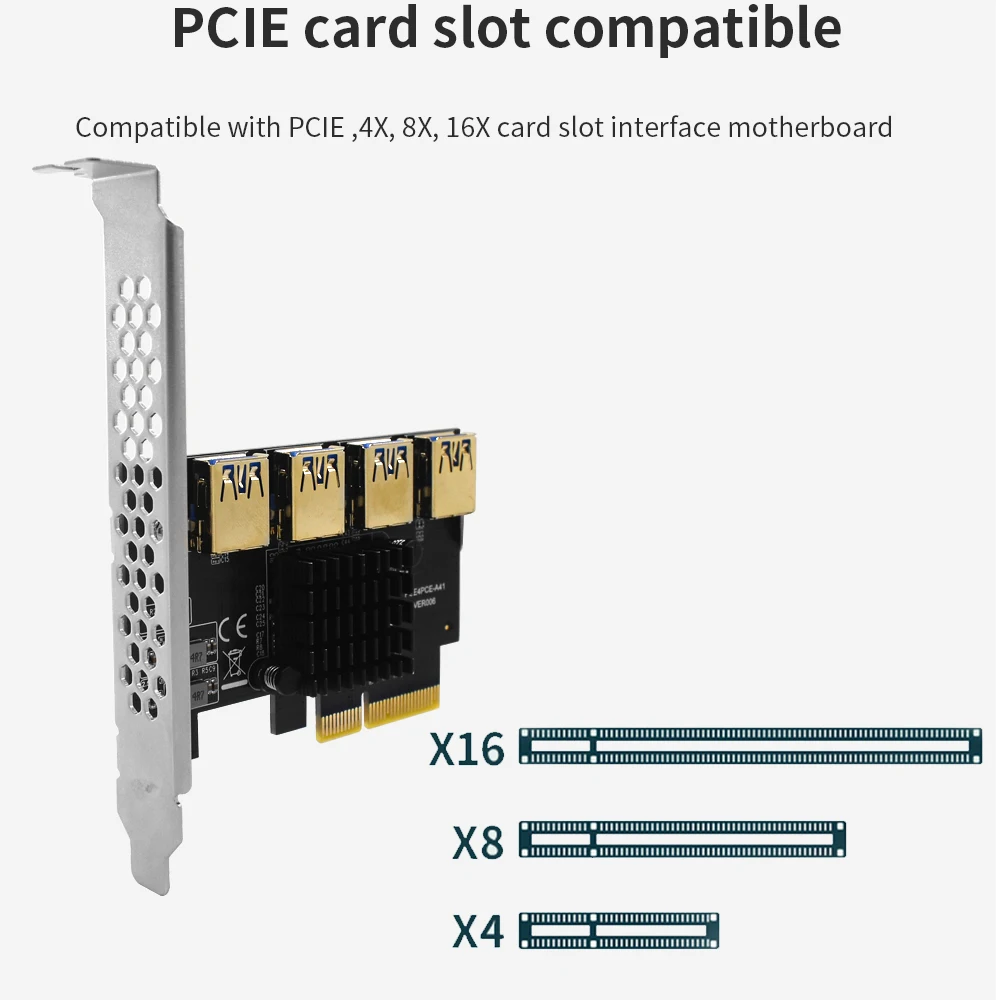 TISHRIC PCIE 4X to 4 Prot USB 3.0 Express Rise Expansion Card 1 to 4 USB 3.0 Slot Multiplier Hub Adapter For BTC Mining Miner