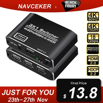 

2020 Best 4K@60Hz HDMI 2.0 Switch 3x1 3 In 1 Out HDMI Switch 4K 3D HDR HDMI Switcher Splitter Box For PS4 Pro Apple TV HDTV