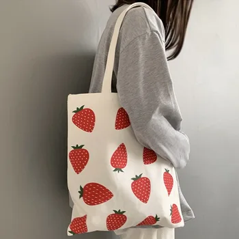 

New Original Strawberry Print Canvas Bag Small Fresh Korean Style College Students Shoulder Bag Large Capacity FemaleHandbag
