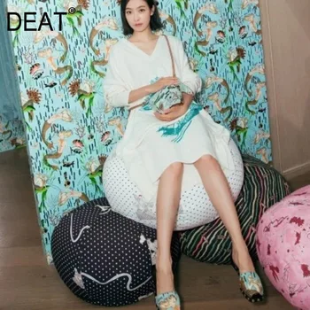 

DEAT 2020 new V-neck full sleeves printed knits pullover loose long cashmere big sizes kints female dress WJ13700M