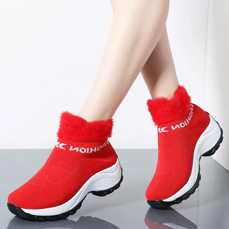 

2019 Winter Women Boots Fashion Platform Wedges Shoes Woman Slip-on Snow Boots Women Warm Fur Sock Boots Shoes Big Size 35-42