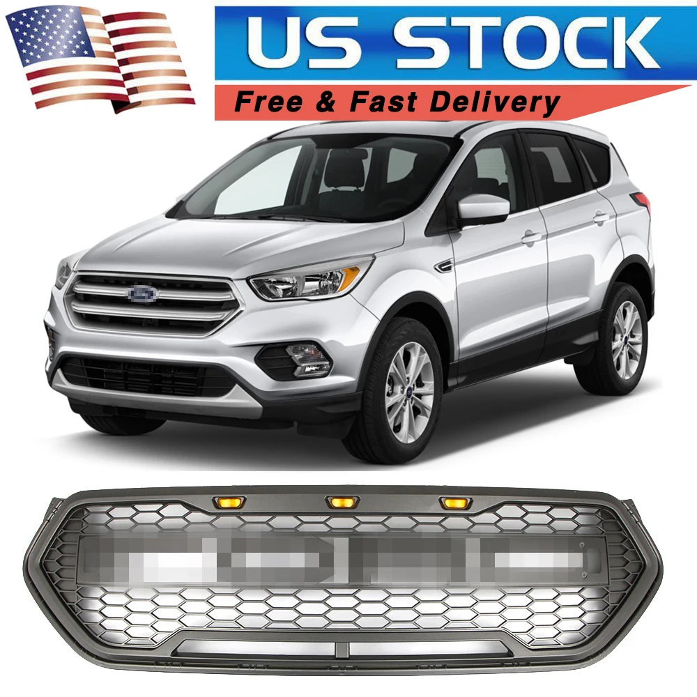 

US STOCK For Ford Escape Kuga 2017 2018 2019 Gray Front Bump Racing Upper Grille LED Grill Raptor Sport Style w/ Honeycomb Mesh