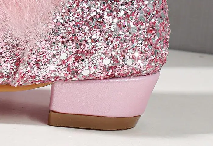 Детская обувь для девочек Снежная королева принцесса на высоком каблуке хлопковые ботинки Дети Эльза плюс бархат толстый теплый блестками ботиночки
