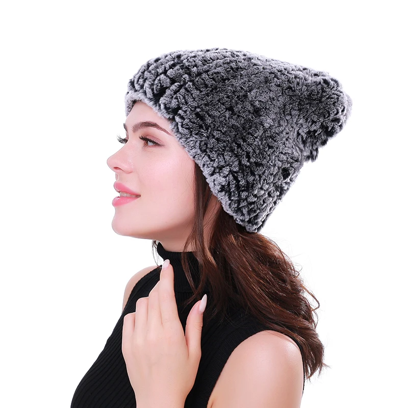 Real rex rabbit fur hat women winter knitted fur beanies cap with fur pom poms new thick female cap Elastic Soft warm