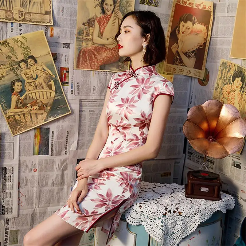 Hot Sale Ladies Print Satin Cheongsam Chinese Style Short Qipao Summer Formal Dress Novelty National Dress S-3XL