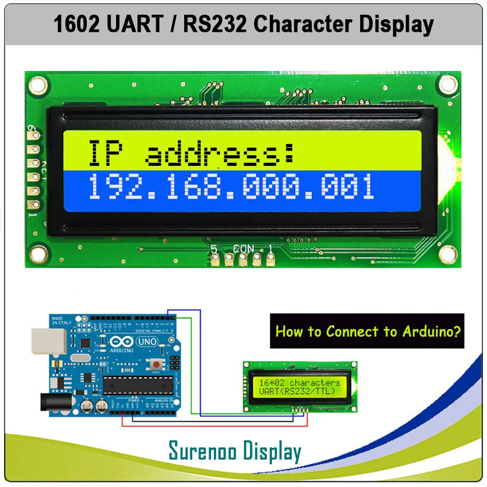 Serial:UART/I2C/SPI Adapter+1602 Yellow/Green LCD for Arduino/AVR/PIC 