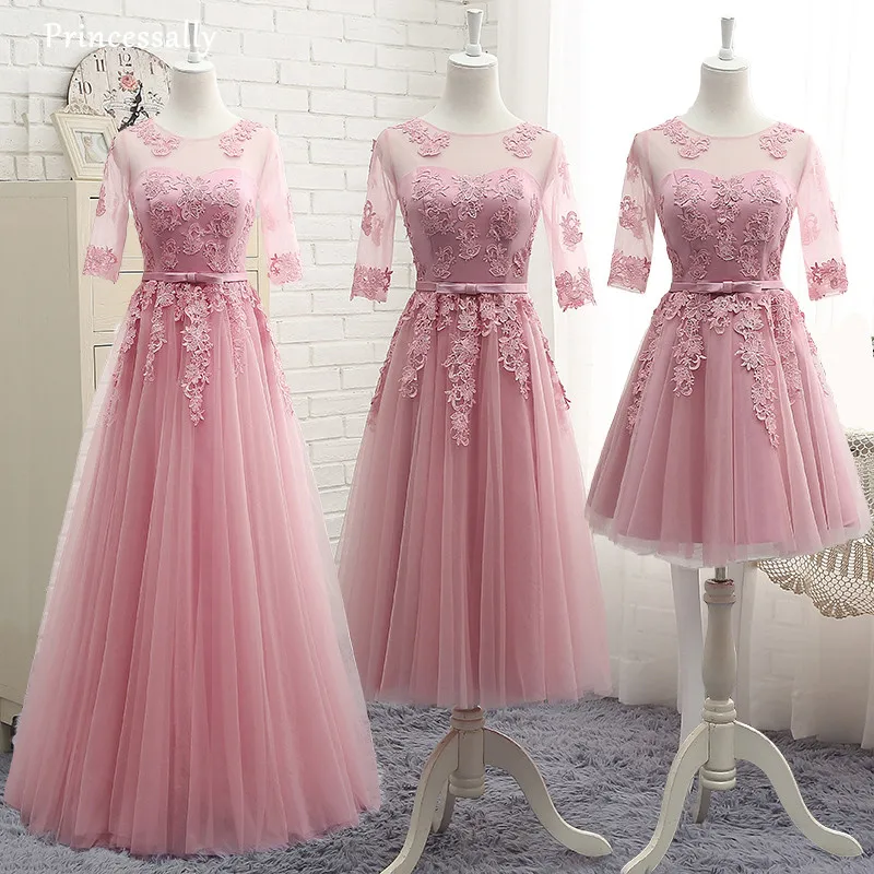 

Dusty Pink Bridesmaid Dress Appliques Lace Floor Length Half Sleeved Robe De Doiree Formal Prom Party Bride Elegant Gown New