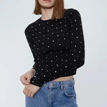 

Chic Women Thin Sweater Spring 2020 New Fashion Rivets Decoration Long Sleeve Slim Lady Black Pullover Tops