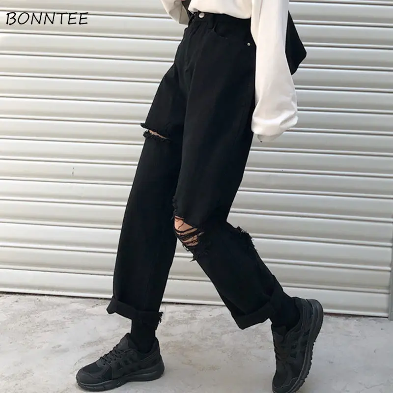 Jeans Women Denim Hole Zipper Button Pockets Loose Straight Casual Trousers Korean Trendy Retro Harajuku Daily Womens Streetwear Jeans Women Denim Hole Zipper Button Pockets Loose Straight Casual Trousers Korean Trendy Retro Harajuku Daily Womens Streetwear