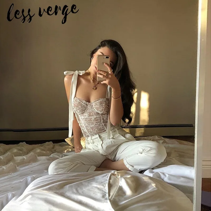 Lessverge сетка вышивка кружево Белый cami майка для женщин рюшами Элегантный bodycon платье черный осень зима сексуальный комплект из двух предметов