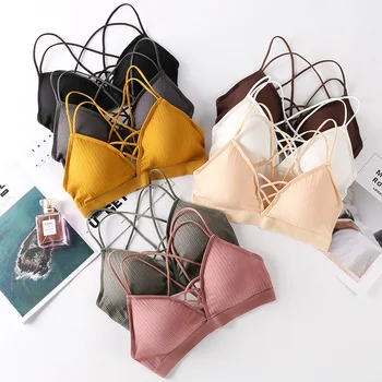

Linbaiway Seamless French Bras for Women Cross Strap Chest Pad V-neck Bras Underwear Soft Lingeries Thin Seamless Bralette
