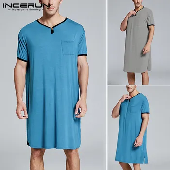 

INCERUN Men Sleep Tops Short Sleeve 2020 Breathable Long Tops Summer Casual V Neck Loose Men Sleepwear Homewear S-5XL