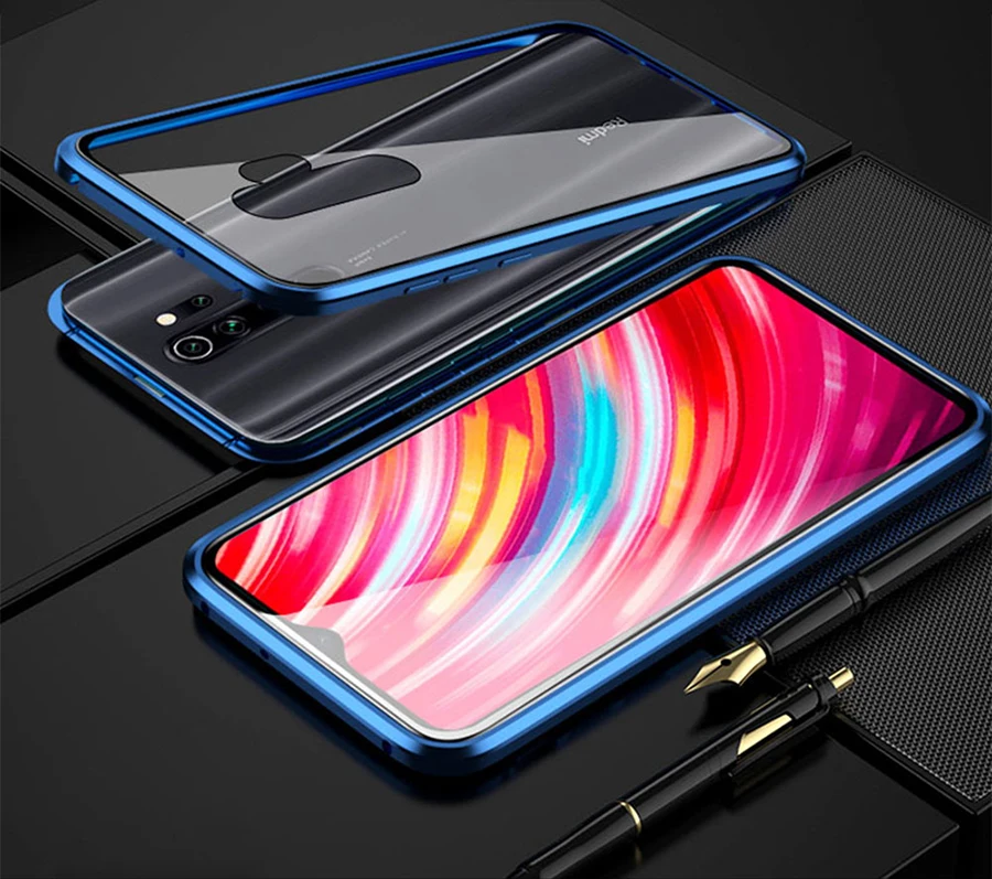 360 полный защитный Магнитный чехол для Xiaomi Redmi Note 8 Pro 8T ударопрочный адсорбционный двойной стеклянный чехол для Redmi Note8 K30 чехол s - Цвет: Blue