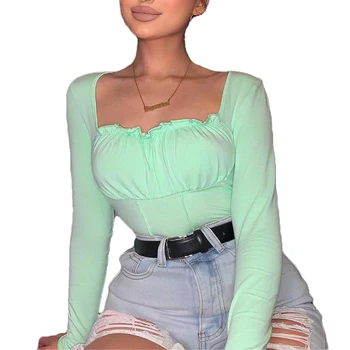 

Womens Frill Crop Top, Sexy Long Sleeve Square Neck Plain Slim Fit Smocked Blouse