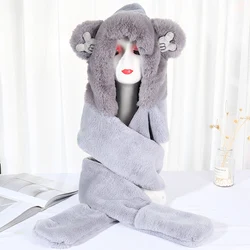 шапка New Cute Cat Ear Plush Cap Imitation Rabbit Hair Winter Outdoor Fashion Warm Bib Gloves One-piece Hat