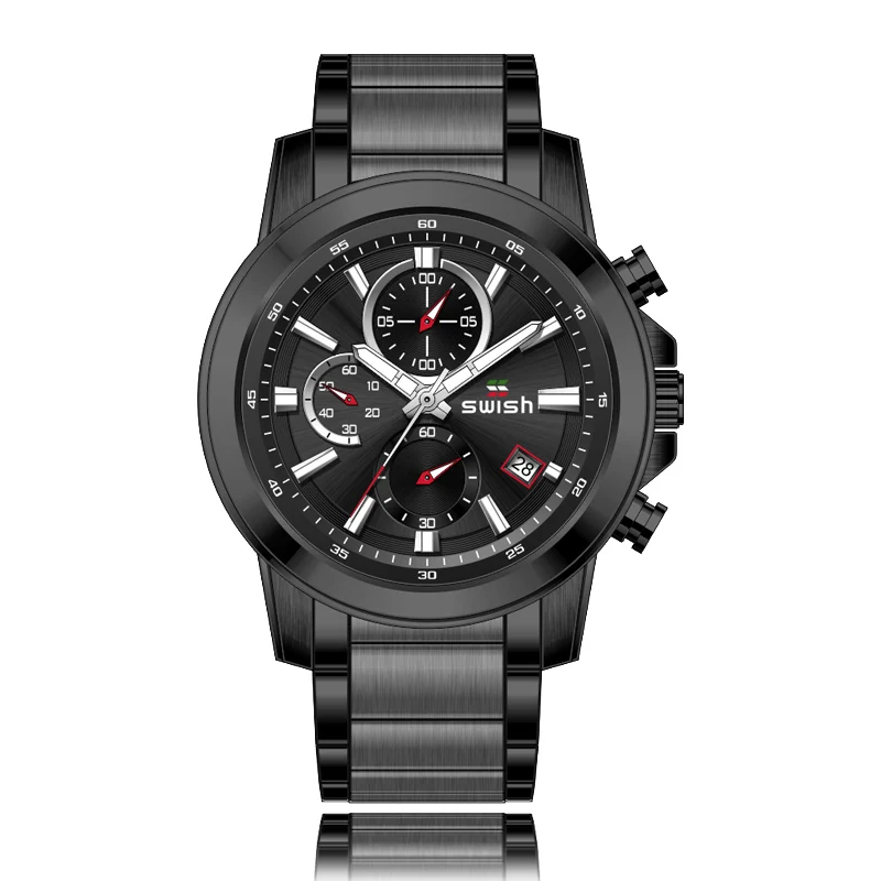 SWISH продукт мужские модные часы мужские спортивные водонепроницаемые черные полностью Стальные кварцевые часы мужские часы Relogio Masculino - Цвет: Черный