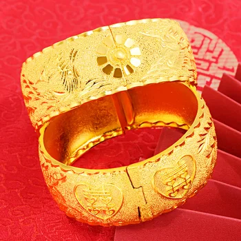 

25N Wedding Dragon Phoenix 999 Bracelet Bangles For Women Luxury Sand Gold Color Bracelet Birthday Fine Jewelry Gifts