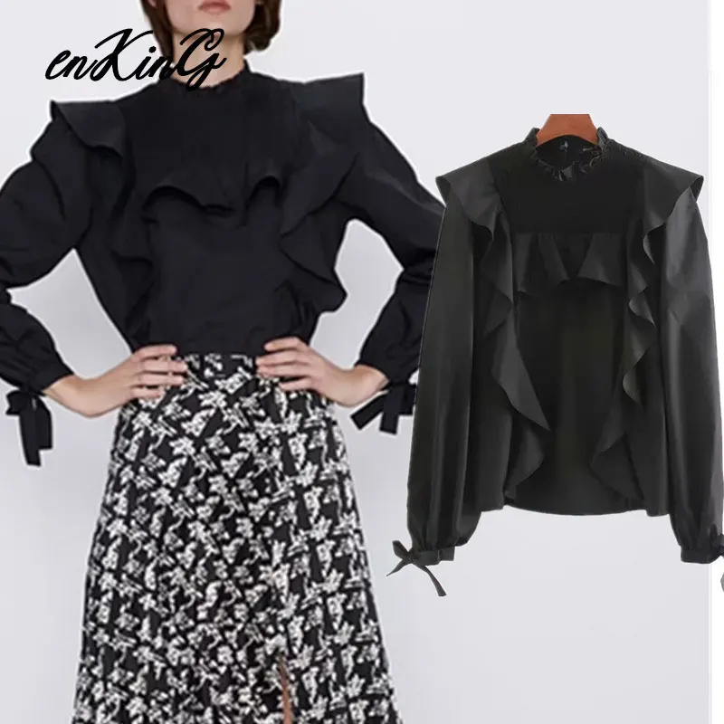 Английский стиль, элегантная, простая, черная, Каскадный бант, za blusas mujer de moda,, кимоно, блузка для женщин, топы, блузка размера плюс