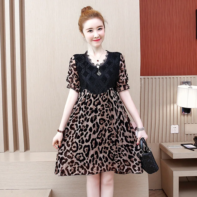 

2019 Summer New Style Large Size Dress Lace Joint Chiffon Leopord Pattern Waist Hugging Slimming Dress