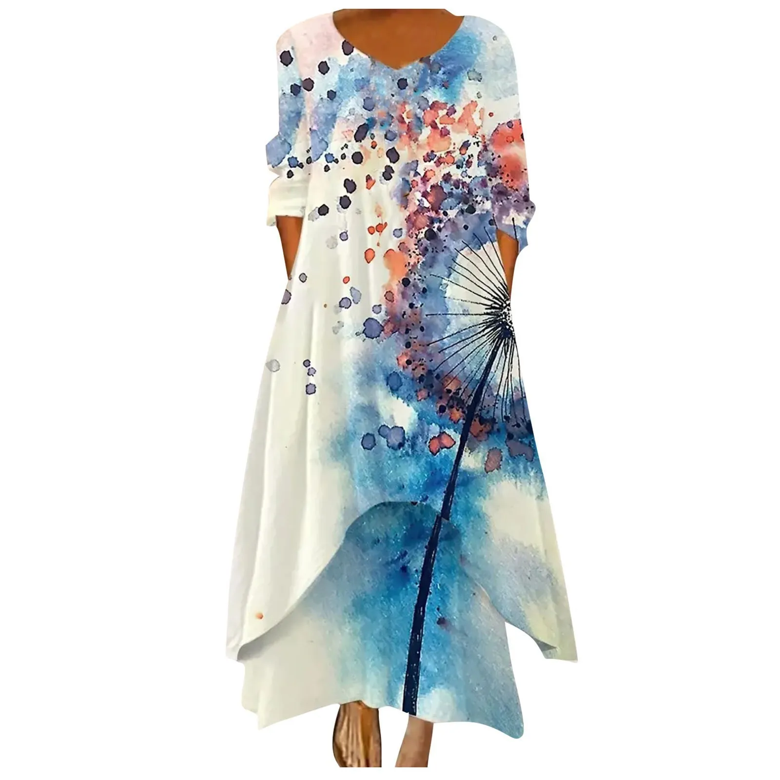 Women's Vintage Color Maxi Dress O Neck Stitching Loose Pockets Hem Irregular print Dresses Ladies Autumn Long-sleeved Vestido 1