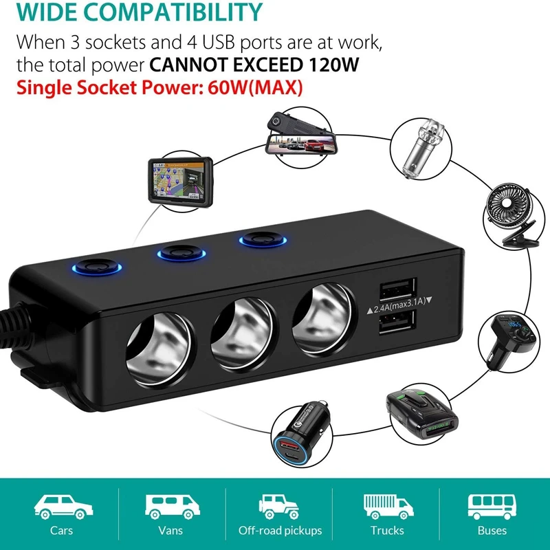 Quick Charge 3.0 Cigarette Lighter Adapter, 120W Waterproof 12V/24V Universal Usb Charger Power Adapter Socket with 8.5A 4 USB a