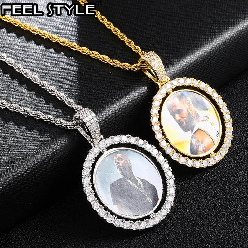 Round Rotating Double-sided Iced Out Bling Custom Made Photo Cubic Zircon Necklace&Pendant For Men Hip Hop Jewelry Tennis Chain 3 speeds electric rotating display stand mirror 360 degree turntable jewelry holder battery usb power for photography shooting