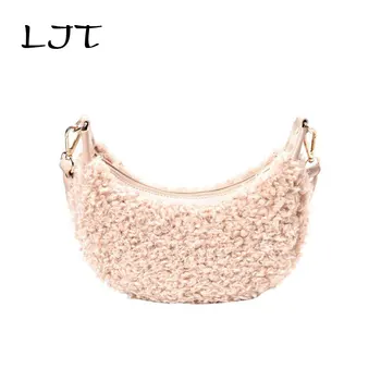 

LJT Korean Women Plush Handbags Casual Totes Female Fashion Crescent Shape Shoulder Messenger Bag Bolsa Feminina Highstreet