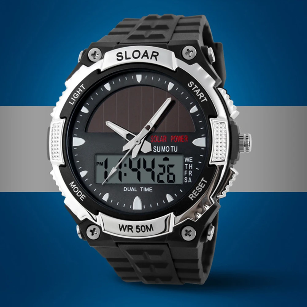 SKMEI 1049 многофункциональные спортивные Мужские часы на солнечных батареях, 5 бар, водостойкий круглый чехол, цифровые наручные часы, часы