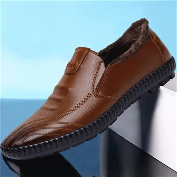 

MEN'S Shoes Autumn And Winter Men Business Casual Leather Shoes Warm plus Velvet Slip-on Breathable Soft Bottom Soft Leather Mid