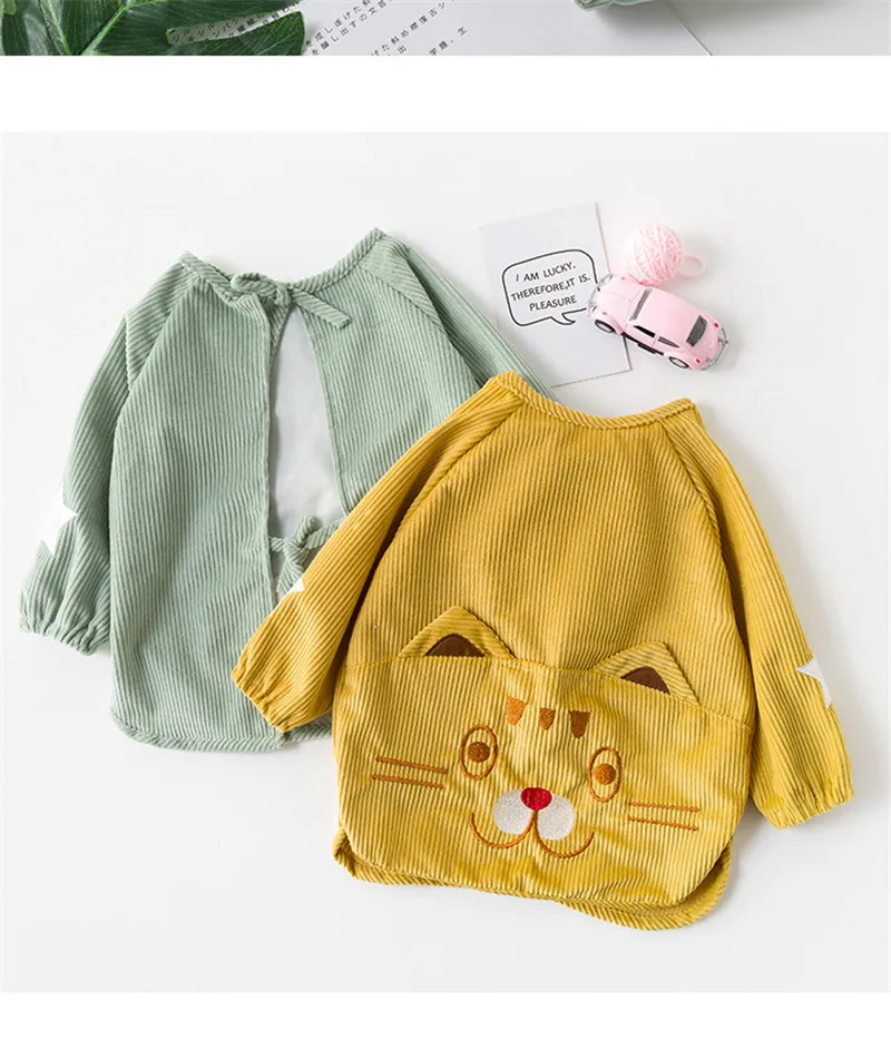Boy Girl Cartoon Feeding Bibs Baby Extra Soft Natural Cotton Bibs Children Warming Corduroy Drawing Anti-dirty Long Sleeve Apron