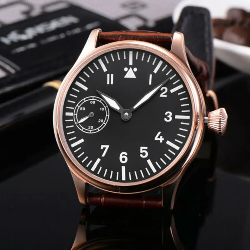 

44mm Mens Watch Hands Winding st3600 Movement Rosegole Case Super Luminous Dial 316L SS Cowhide Manual Mechanical 3620