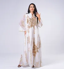 

Eid Mubarak Abaya Middle Eastern Golden Sequin Embroidered Mesh Maxi Dress Muslim Dress Abaya Dubai 2021 Islamic Ethnic Clothing