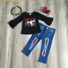 Новинка; сезон осень-зима; черные джинсы в клетку с леопардовым принтом для маленьких девочек; детская одежда; Изысканные штаны; комплект одежды; подходящие аксессуары