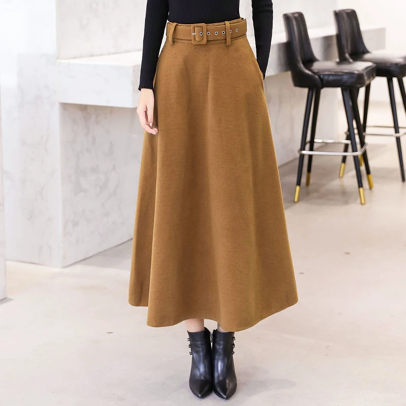 Autumn Winter Women's Woolen Maxi Skirts With Belt Pockets Vintage Wool Skirt Ladies Fashion Casual Khaki Streetwear Female - Color: khaki