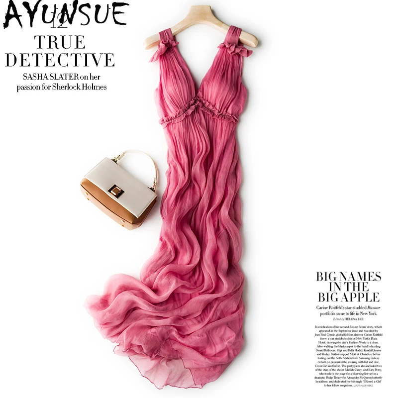 Boho Women Summer 100% Real Silk Dresses Elegant
