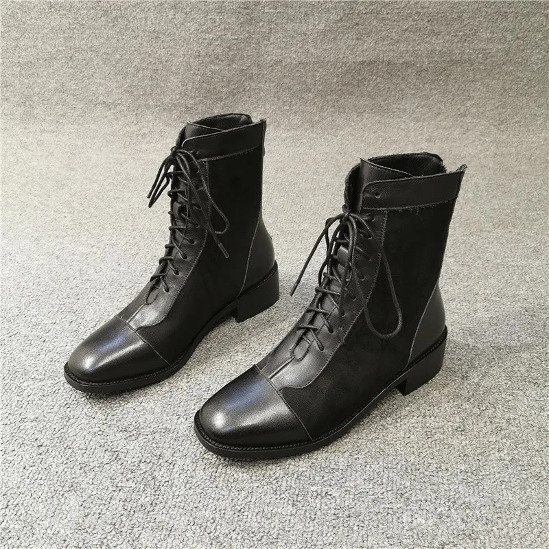

Euro Autumn Winter New Brand Lace Up Back Zip Womens Mid Calf Boots Fashion Square Toe Female Leather High Top Boots Streetwear