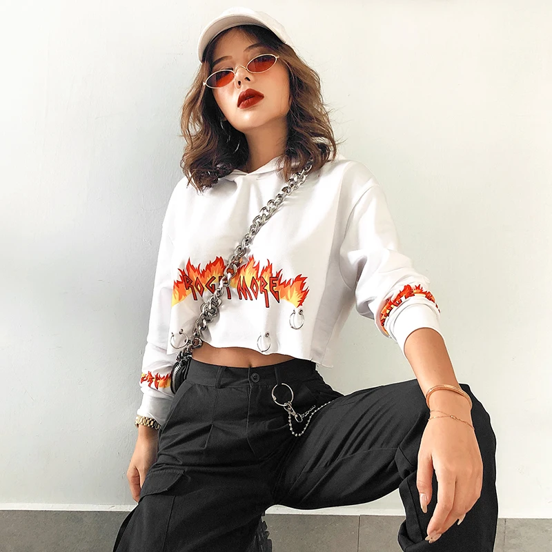  SUCHCUTE Flame Print White Women Hoodies Metal Causal Overalls Hat Gothic Tops Kpop Autumn 2019 Str