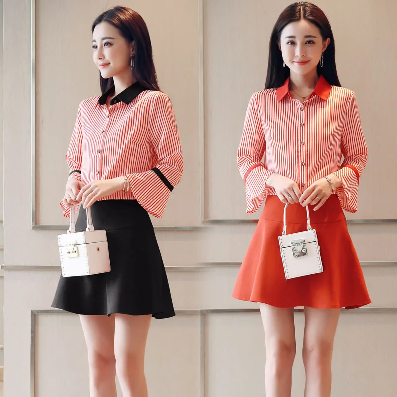 

Suit Skirt Women's 2018 Spring Fresh Korean-style Simple Slim Fit Slimming Stripes Bell Sleeve Skirt Two Pieces