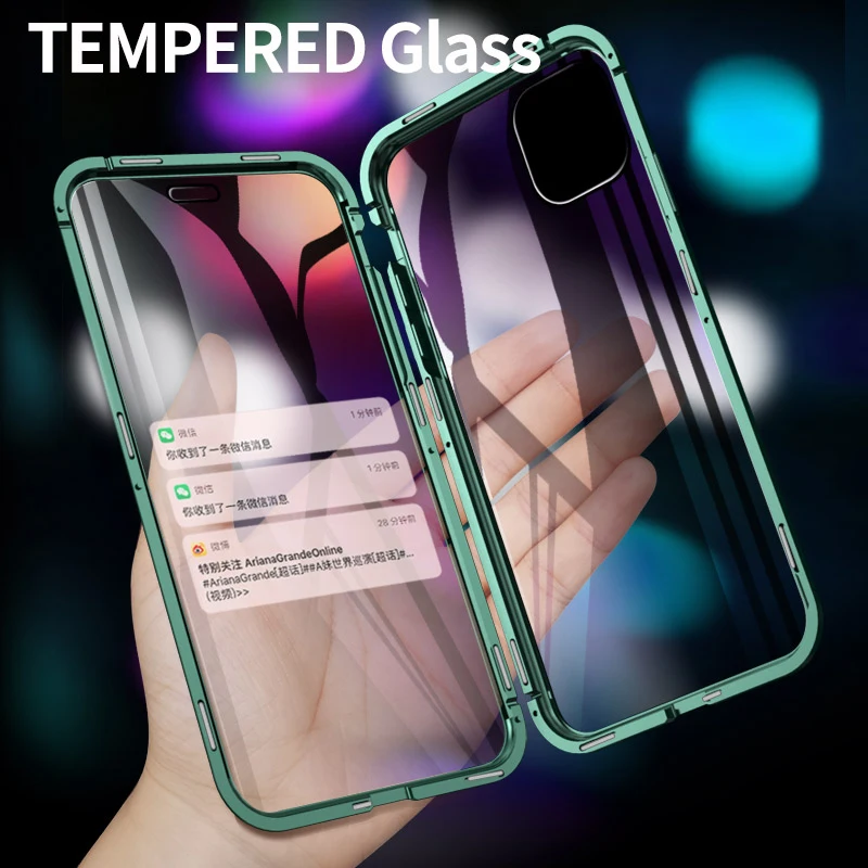 Двухсторонний стеклянный Магнитный чехол для iphone 11 Pro Max 360 металлический магнитный Кристальный зеленый чехол для телефона чехол для iphone 11 Pro Fundas