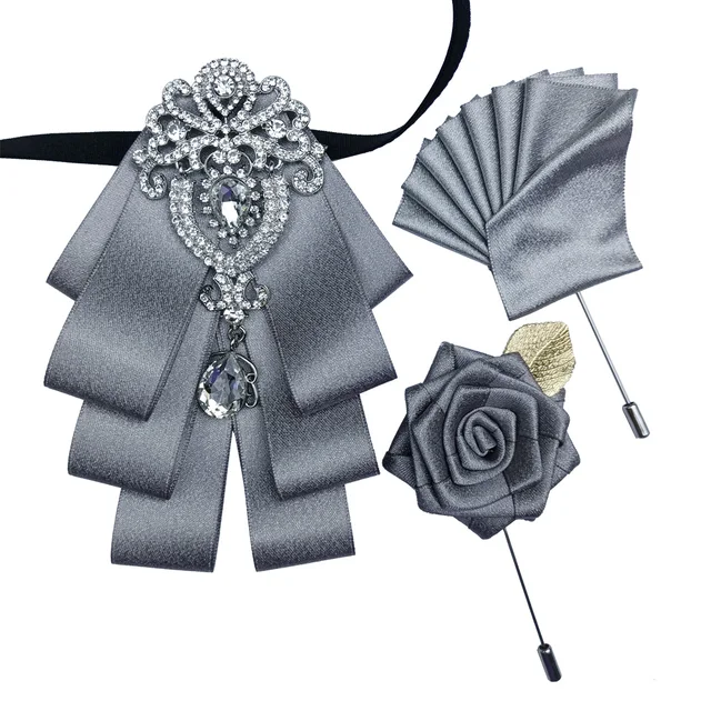 British New Fashion Men's Wedding Performance Groom Wedding-Party Flower Collar Bow Tie Pocket Towel Square Set Men Accessories SilverGraySet-WHITE