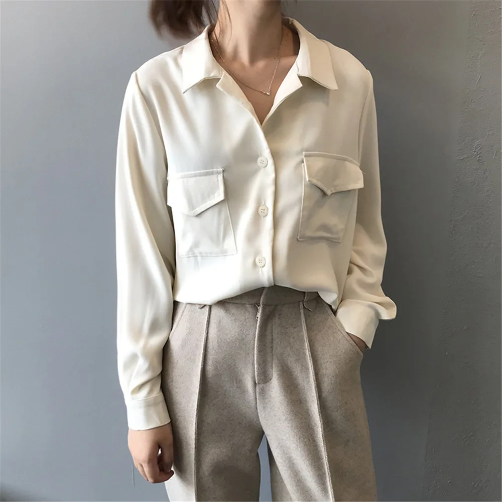 Autumn Solid Women Blouse 2019 Casual Lapel Double Pockets Blouse Shirt Flannel Shirts Female Long Sleeve Tops Y0576 (8)
