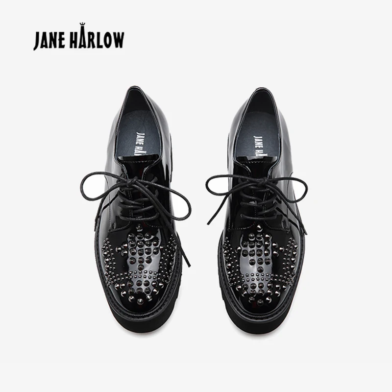 JANE HARLOW/Европейская популярная уличная женская обувь с заклепками женская обувь из лакированной кожи на высокой платформе со шнуровкой высокий каблук(5-8 см