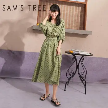 

SAM'S TREE Green Floral Print High Waist Casual Chiffon Women Midi Dress 2020 Summer Puff Sleeve Korean Ladies Holiday Dresses