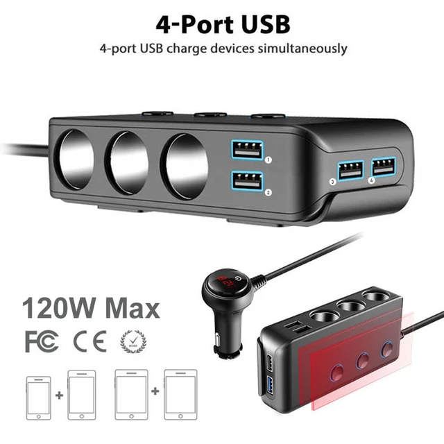 𝟮𝟬𝟮𝟯 𝗡𝗲𝘄 Cigarette Lighter Adapter Quick Charge 3.0, 120W 12V/24V  3-Socket Power Splitter DC Outlet with 8.5A 4 USB Ports Multifunction Car  Charger