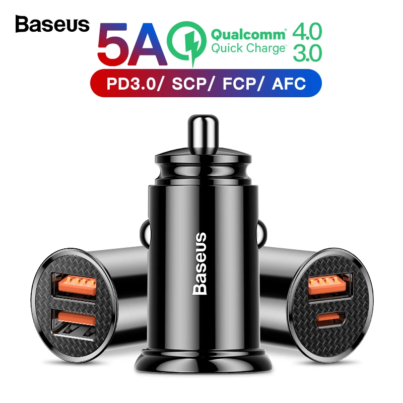 Cargador de coche Baseus Dual USB 5A Fast Charing 2 puertos USB 12-24V enchufe de mechero de coche para el adaptador de corriente del cargador del USB del coche