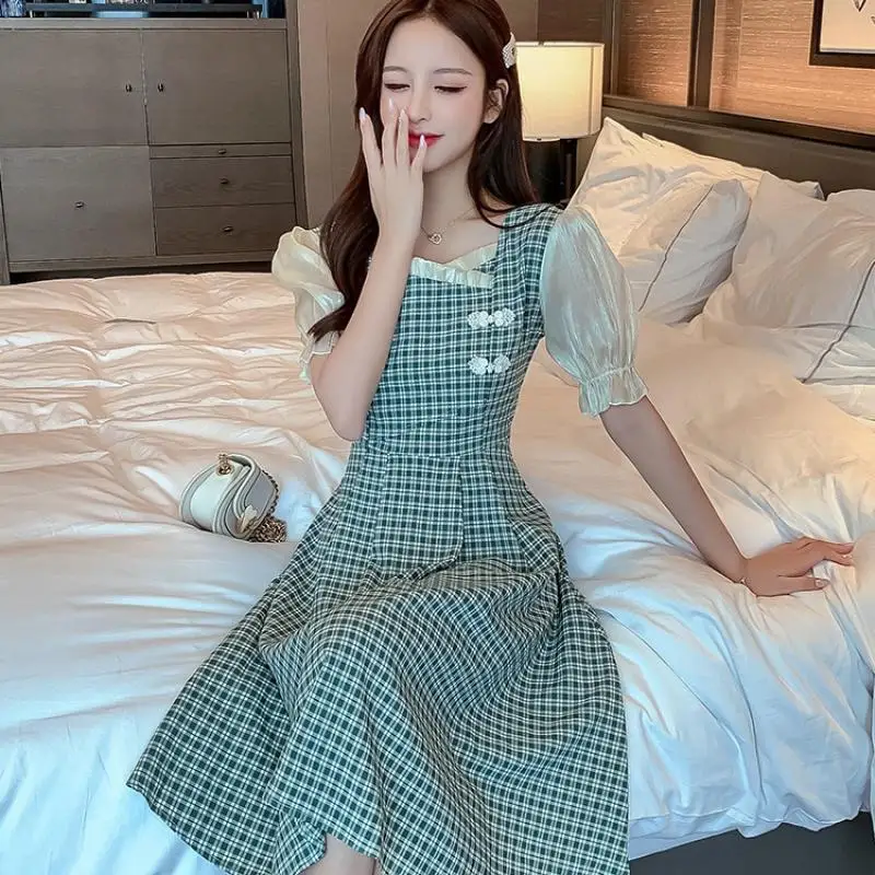

Cheongsam Dress Chic Square Collar Plaid High Waist Slim A-Line Short Sleeve Midi Girl Dress Party Summer Spring Elegant Dresses