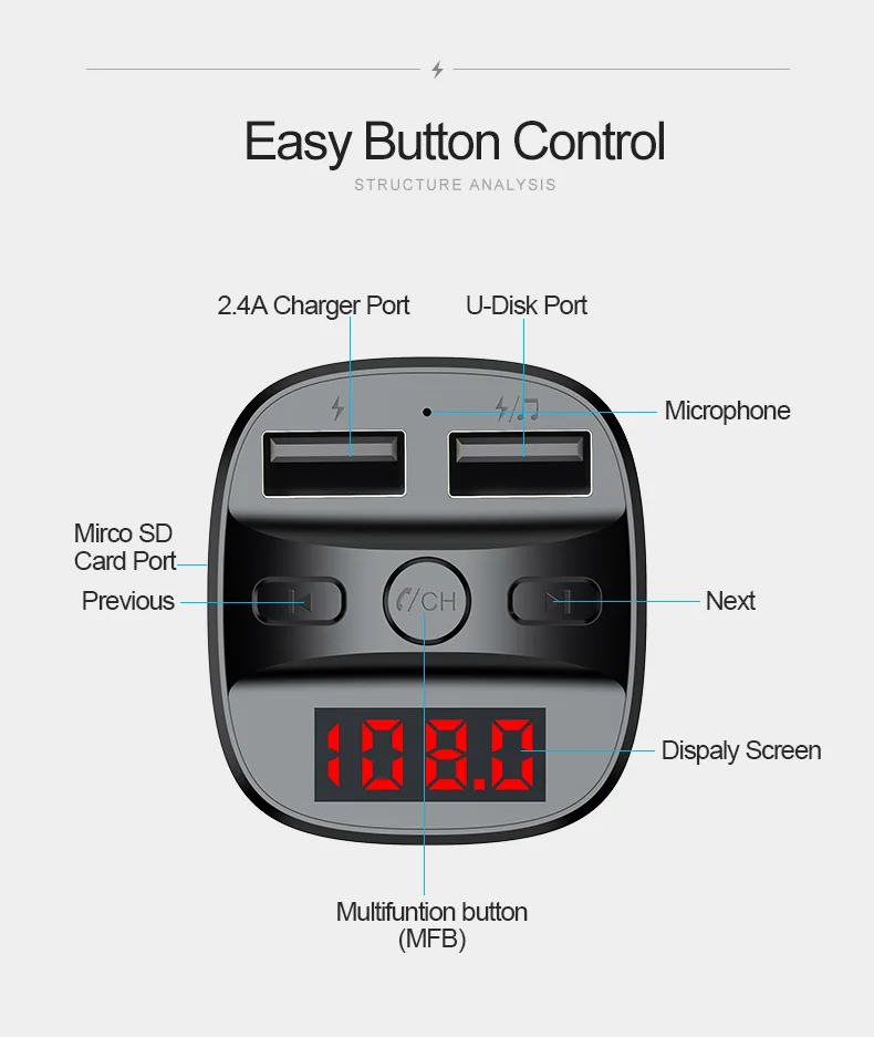 CDEN Car MP3 Player Bluetooth 5.0 Receiver FM Transmitter USB Flash Drive Music TF Card Handsfree Call USB Car Charger