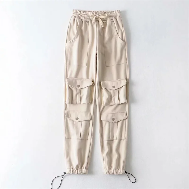 Женские накладные карманы брюки Jogger с приталенными манжетами спортивные брюки - Цвет: beige